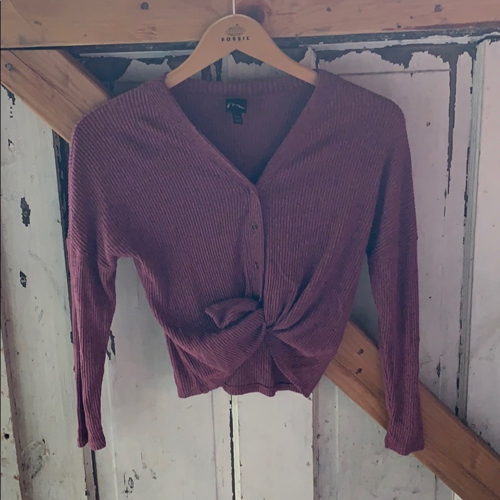 Art Class Eggplant Ribbed Tie Front Top M/7/8